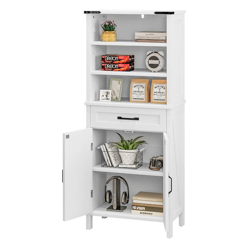 58 Inch Tall Bathroom Storage Cabinet with Open Shelves and Drawer