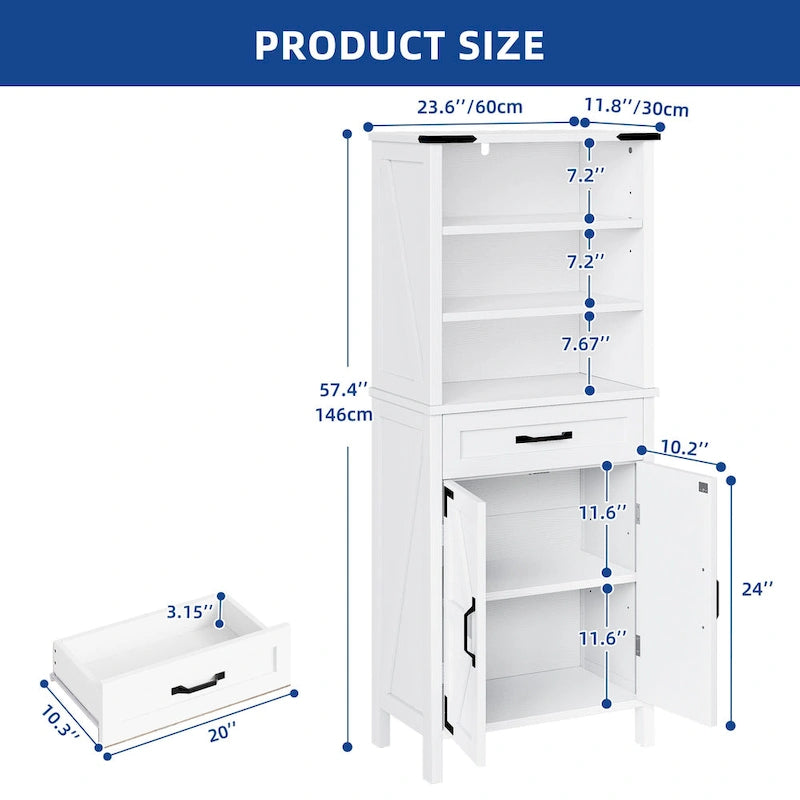 58 Inch Tall Bathroom Storage Cabinet with Open Shelves and Drawer