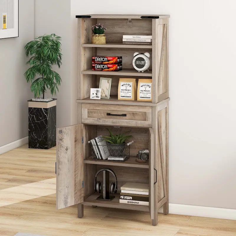 58 Inch Tall Bathroom Storage Cabinet with Open Shelves and Drawer