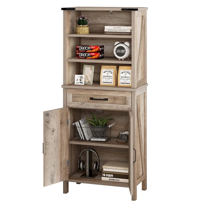 58 Inch Tall Bathroom Storage Cabinet with Open Shelves and Drawer