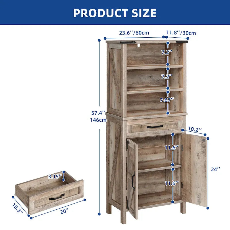 58 Inch Tall Bathroom Storage Cabinet with Open Shelves and Drawer