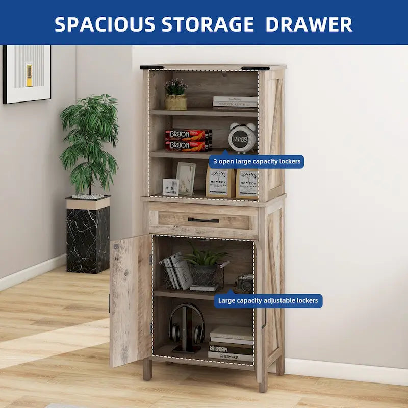 58 Inch Tall Bathroom Storage Cabinet with Open Shelves and Drawer
